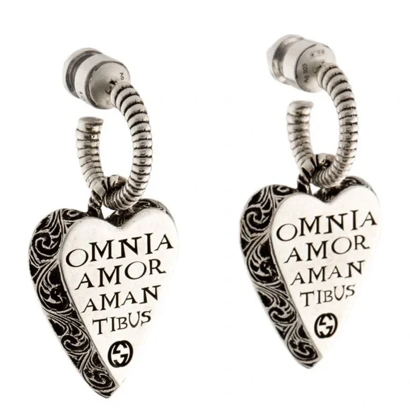 Gucci Sterling Silver Omnia Amor Aman Tibus Drop Heart Earrings - Picture 2 of 9